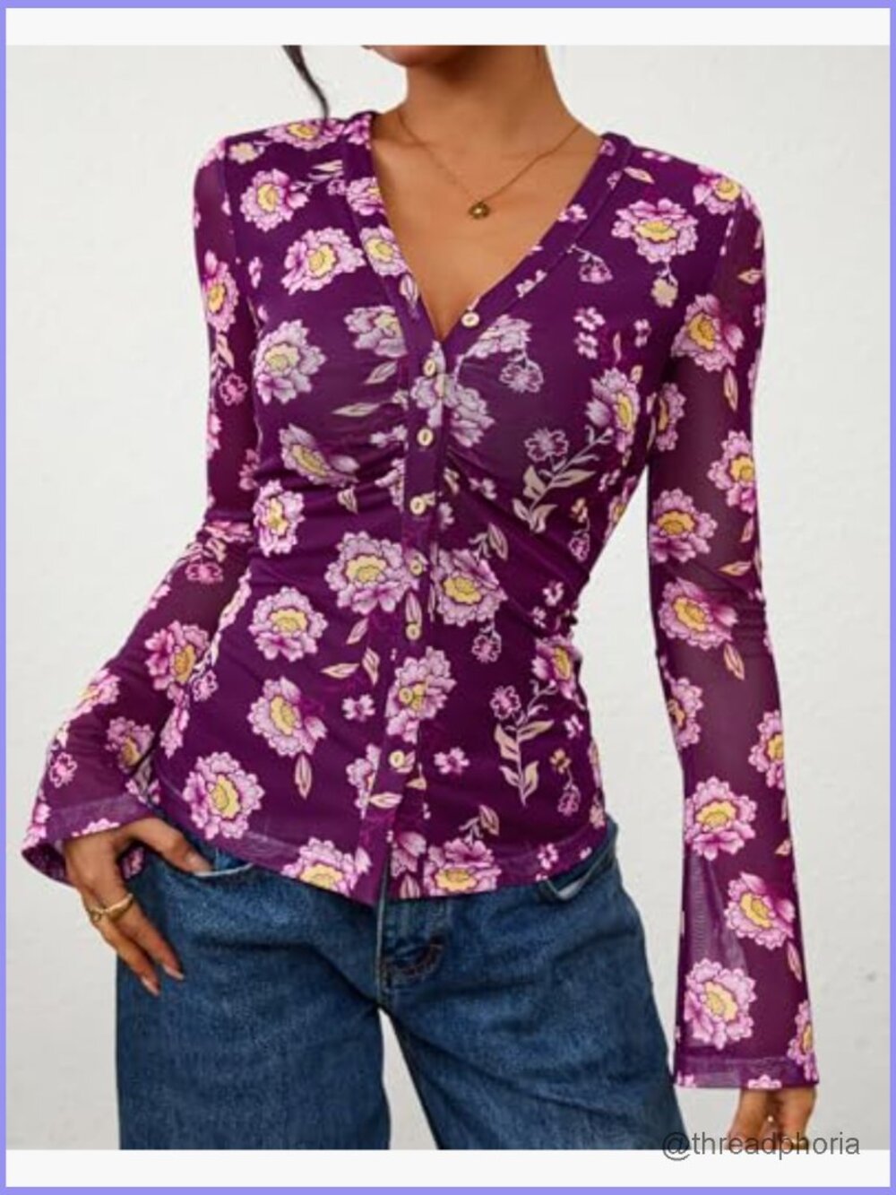 V-Neck Long Sleeve Floral Blouse Ruched Button Down Shirt Boho Top - Picture 2 of 7